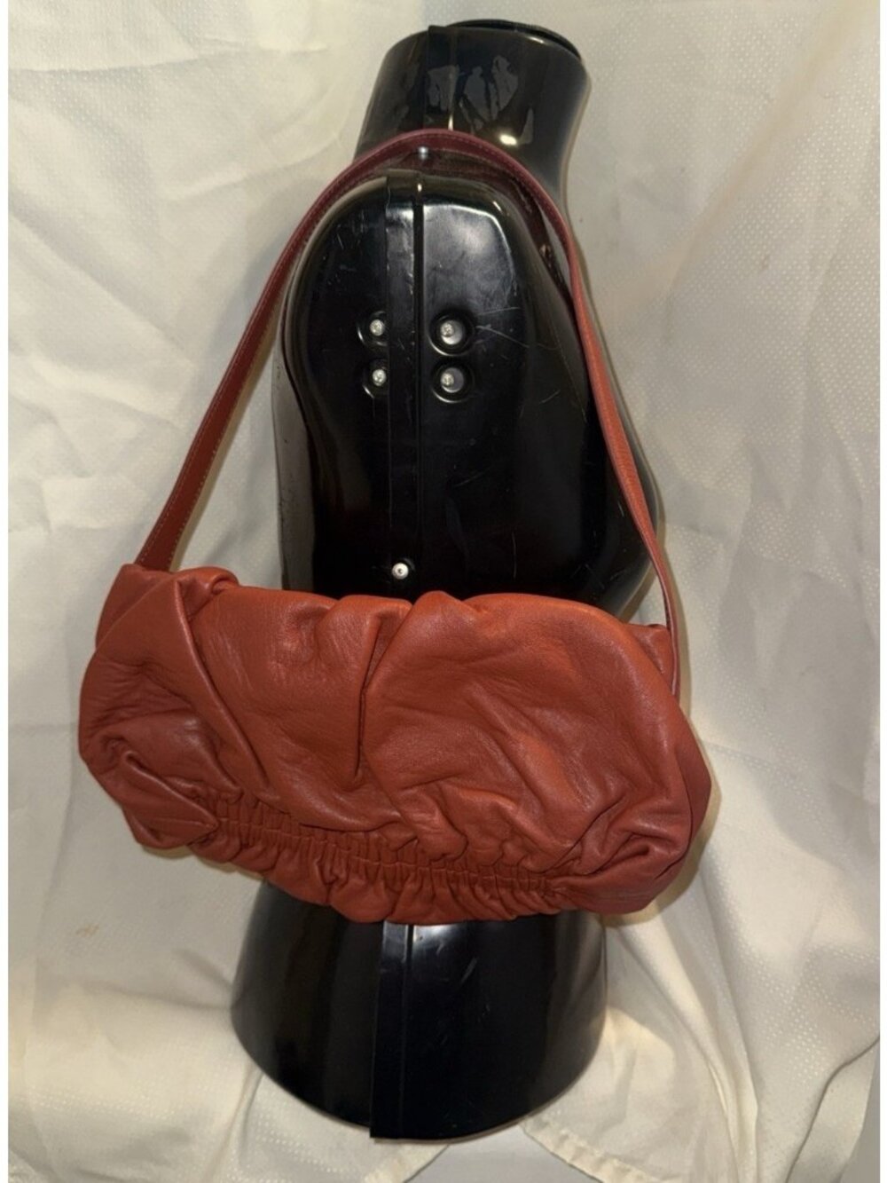 Anthropologie Shoulder Bag Lamb Leather Brown Rust Gathered Runched Gold Zipper - Picture 2 of 16